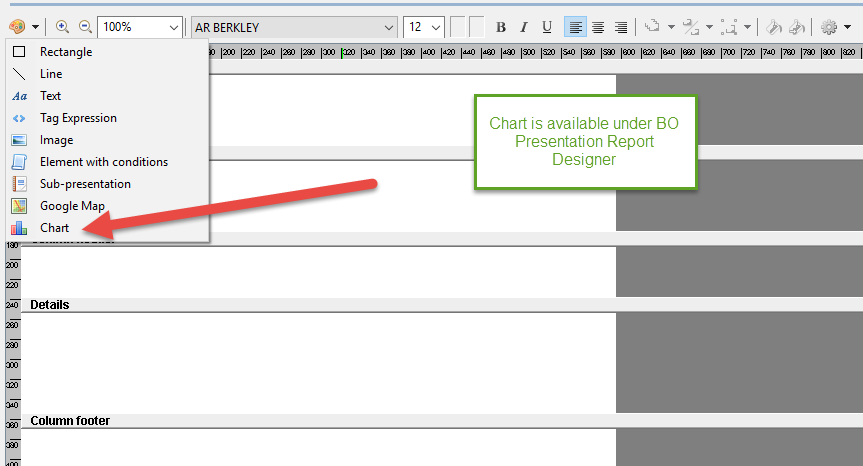Business Object Presentation Chart are available in report designer
