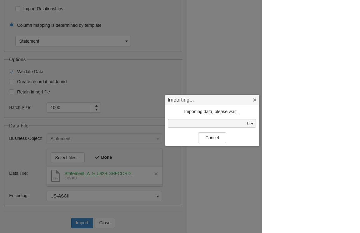 Loading to both external and internal tables, import just sits if Validation on. Have been trying since yesterday. Only 3 records of 2 fields each. ???