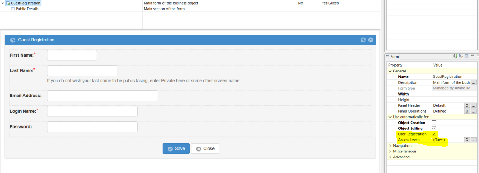 This is the form for a Member BO, access level for Guest, marked as user registration